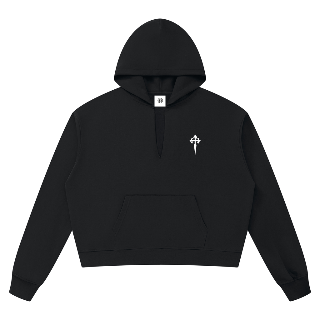 Raw Edge Cropped Hoodie, Black-0