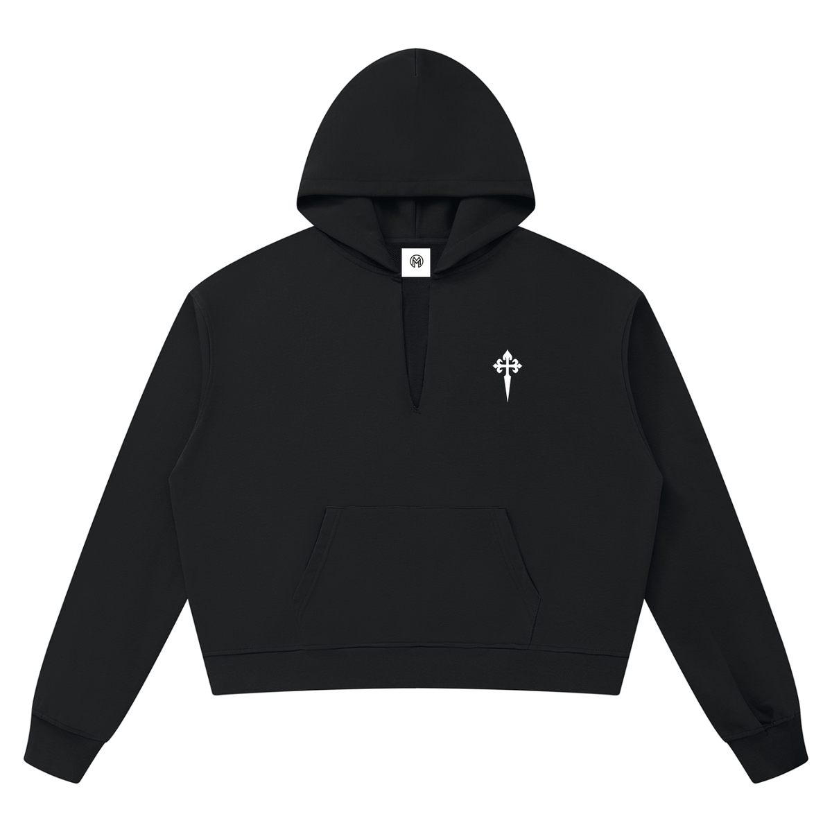 Raw Edge Cropped Hoodie, Black-0