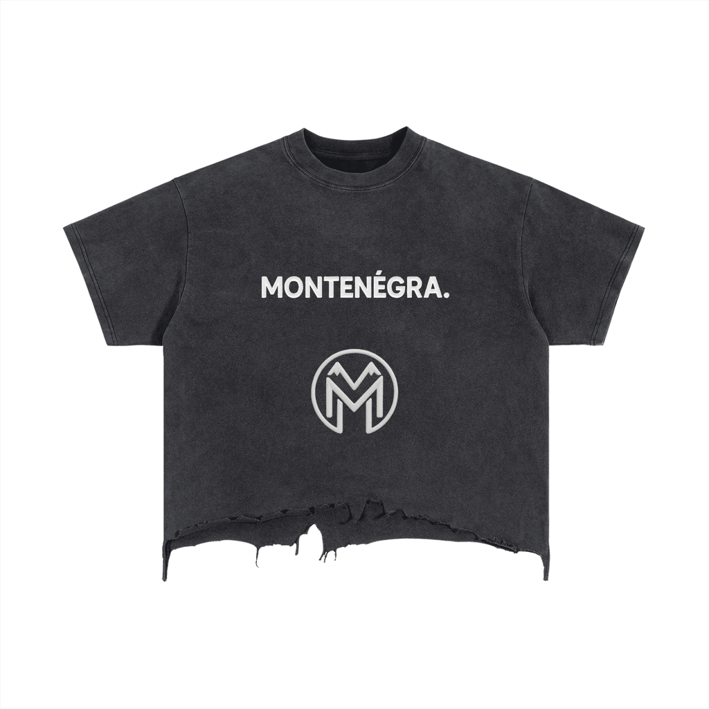 Montenégra Vintage Wash Boxy Distressed Hem T-Shirt - Washed Black and White-0