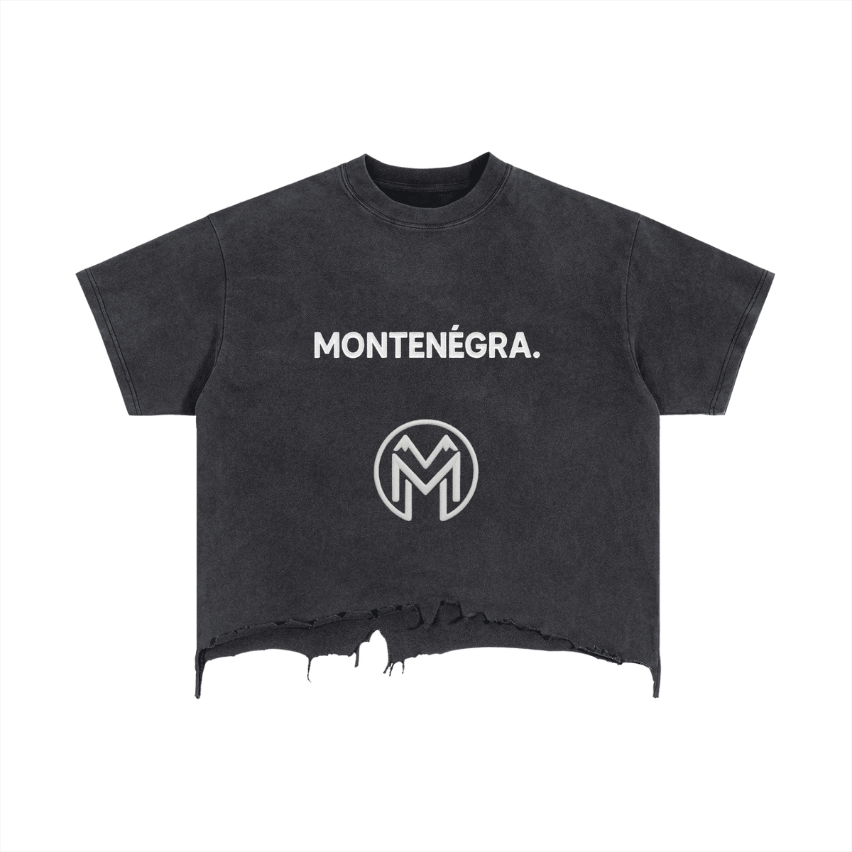 Montenégra Vintage Wash Boxy Distressed Hem T-Shirt - Washed Black and White-0